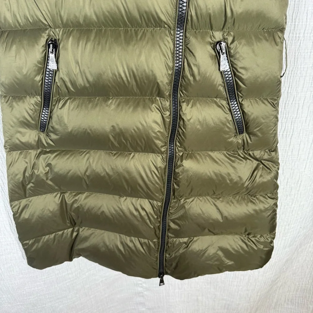 Olive Green Down-Filled Long Puffer Vest Size 2 |‎ Asymmetrical Zip Quilted Vest - Picture 6 of 15